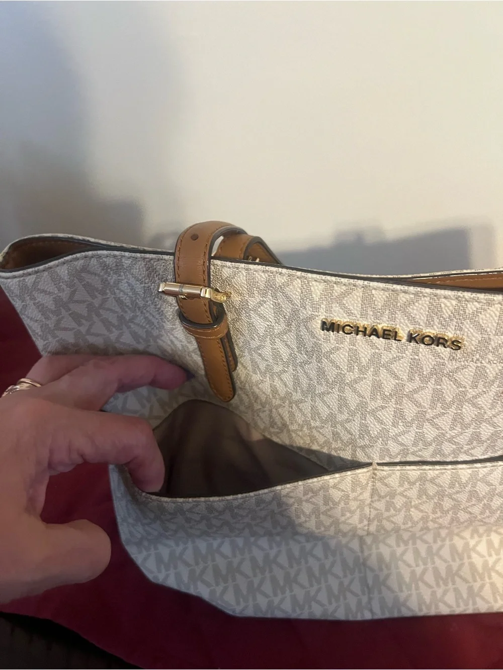 Michael Kors Cream Signature Tote with Tan Leather Trim